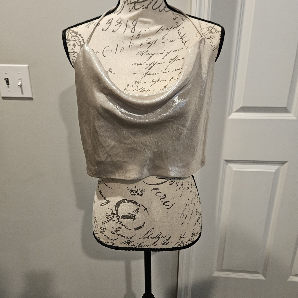 Zara Shiny Silver Crop Halter Flowy Top Clubwear College Fun